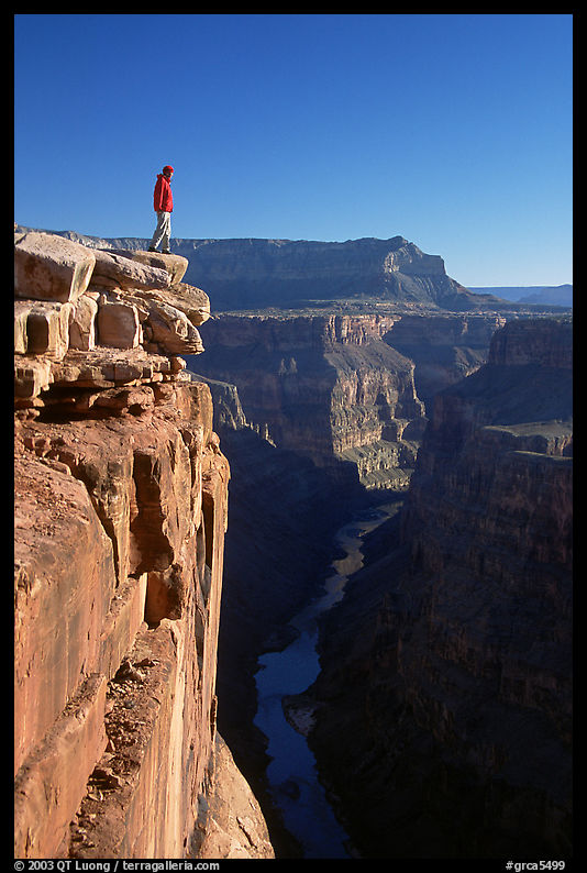 Man standing at  edge of  Grand Canyon at Toroweap, early morning. Grand Canyon  National Park, Arizona, USA.