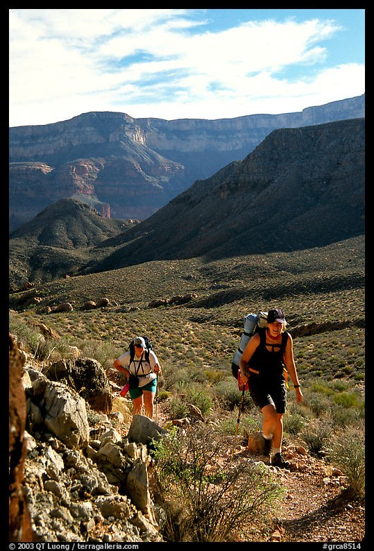 Backpackers in Surprise Valley, Thunder River and Deer Creek trail. Grand Canyon  National Park, Arizona, USA.
