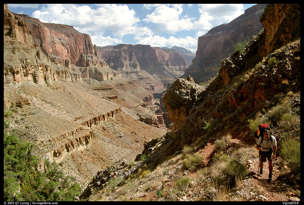 Backpacker on trail above Tapeats Creekr. Grand Canyon  National Park, Arizona, USA.