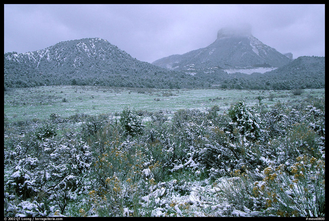 Fresh snow on meadows and mesas near  Park entrance. Mesa Verde National Park, Colorado, USA.