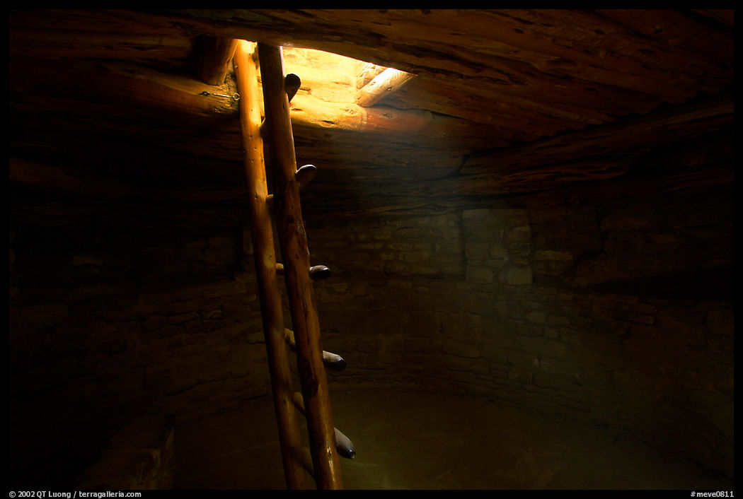Ladder through a smoke hole in Spruce Tree house. Mesa Verde National Park