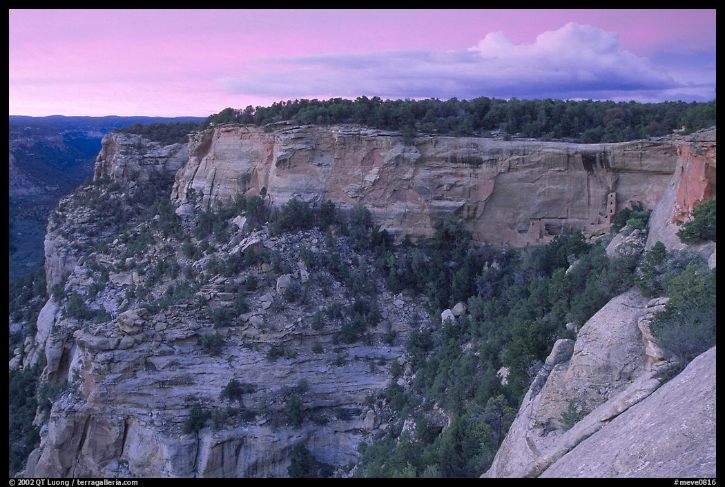 Square Tower house and Long Mesa, dusk. Mesa Verde National Park