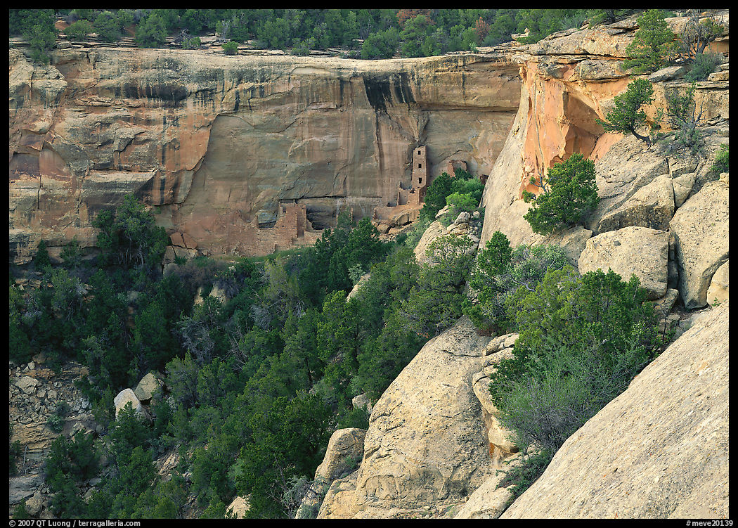 Square Tower house at  base of Long Mesa cliffs. Mesa Verde National Park
