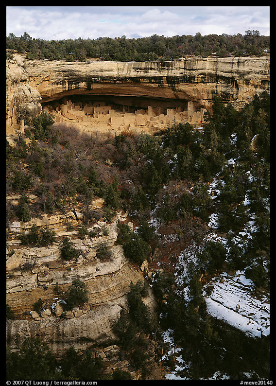 Cliff Palace seen from across valley in winter. Mesa Verde National Park, Colorado, USA.