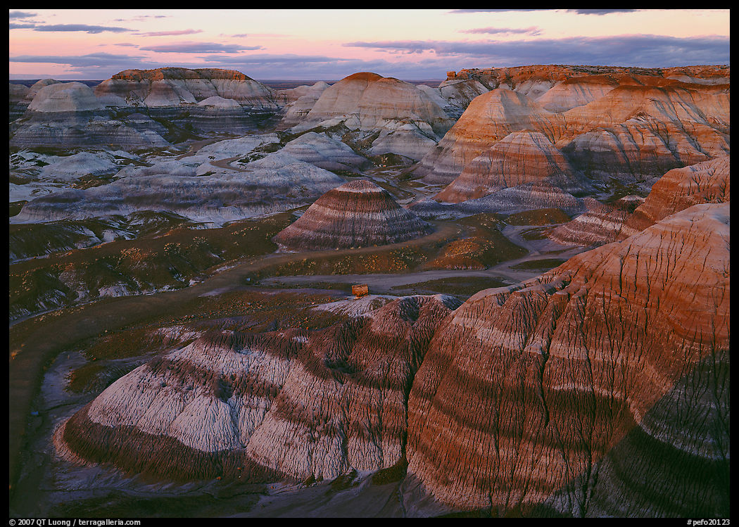 Blue Mesa basin at sunset. Petrified Forest National Park, Arizona, USA.