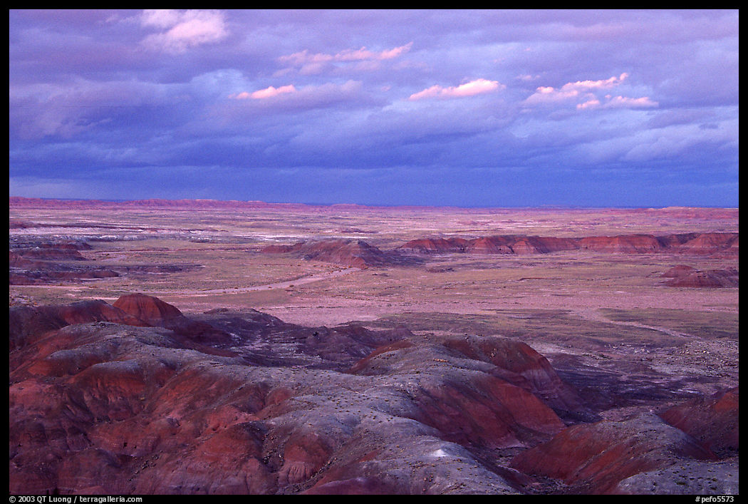 Painted desert seen from Chinde Point, dusk. Petrified Forest National Park, Arizona, USA.