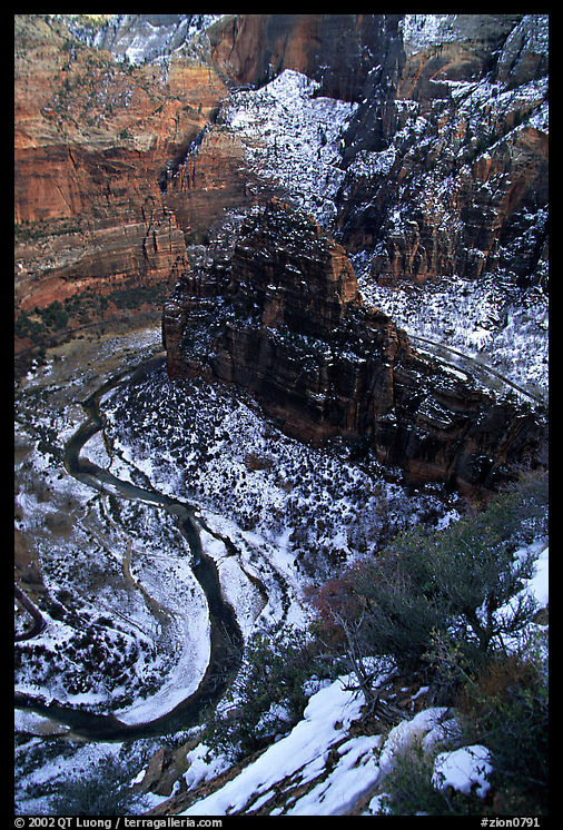 Virgin river and Canyon walls from the summit of Angel's landing in winter. Zion National Park, Utah, USA.