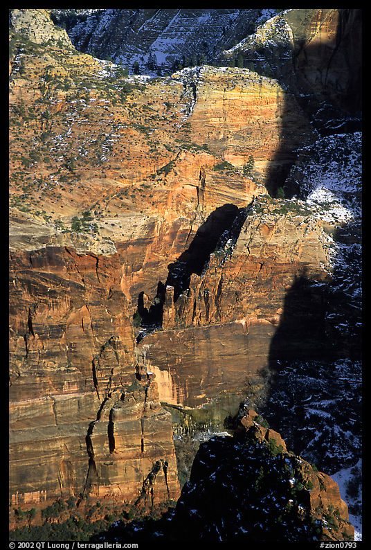 Rock walls near Hidden Canyon seen from Angel's landing, late afternoon. Zion National Park