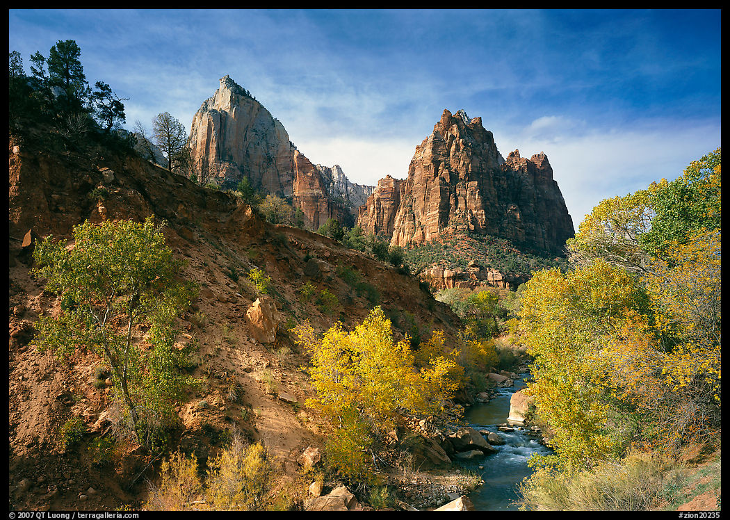 Court of the Patriarchs and Virgin River, afternoon. Zion National Park, Utah, USA.