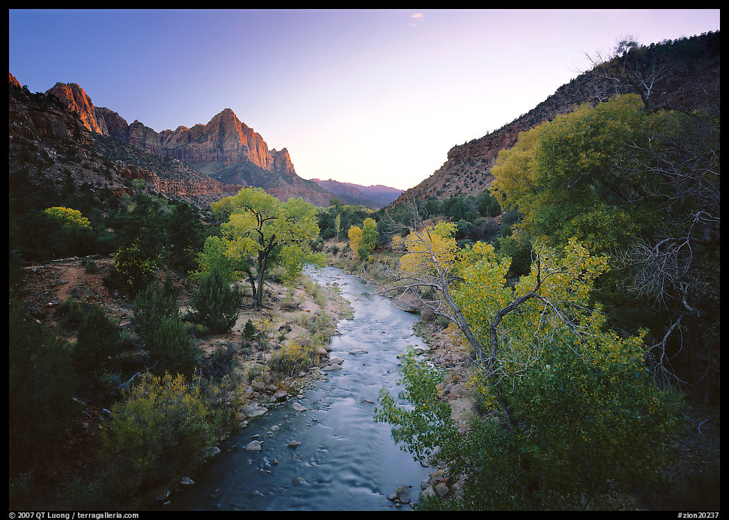Virgin River and Watchman catching last sunrays of the day. Zion National Park, Utah, USA.