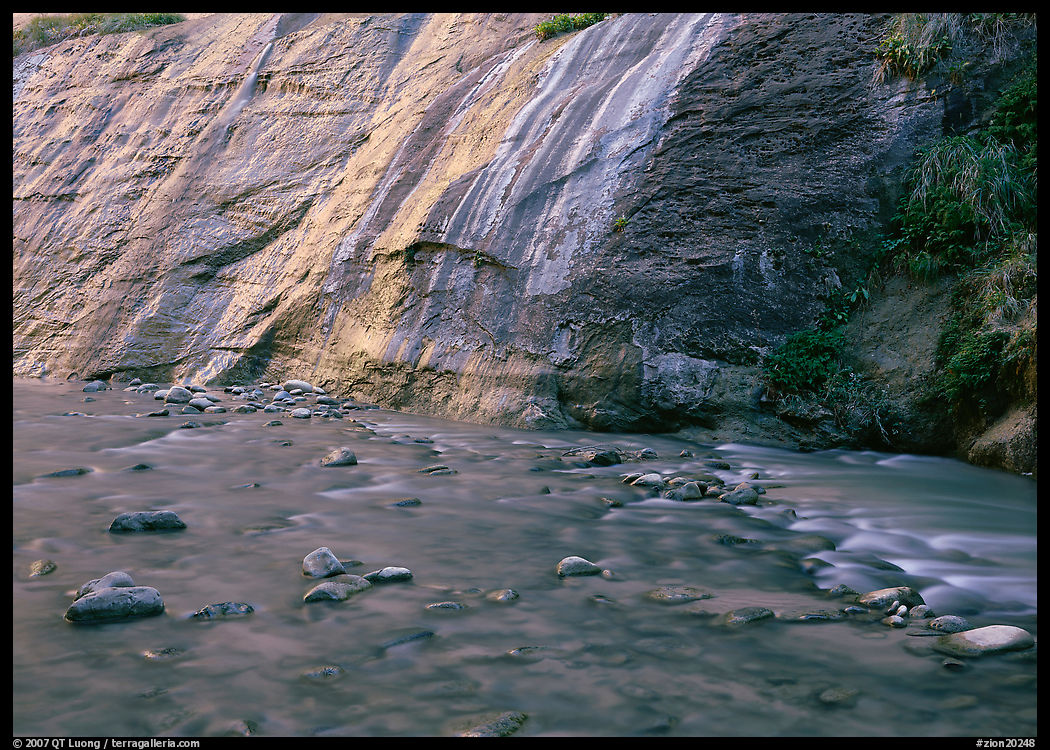 Mystery falls flowing into the Virgin River, the Narrows. Zion National Park, Utah, USA.