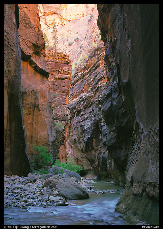 Virgin River and rock walls,  Narrows. Zion National Park, Utah, USA.