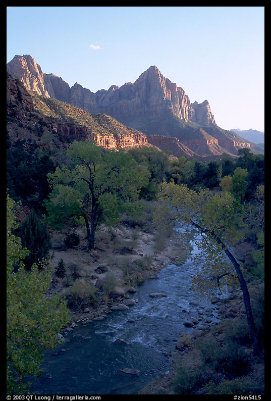 Virgin River and Watchman, sunset. Zion National Park, Utah, USA.