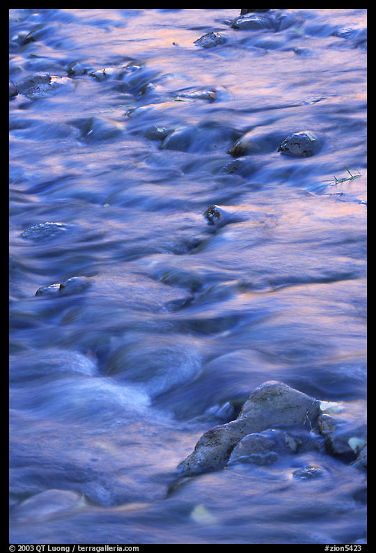 Water flowing over stones in Virgin River. Zion National Park, Utah, USA.