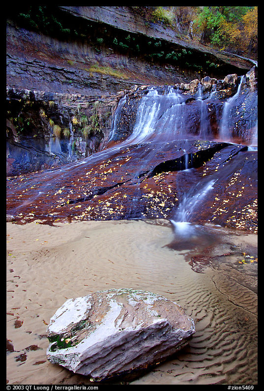 Cascade over smoothly sculptured rock, Left Fork of the North Creek. Zion National Park, Utah, USA.