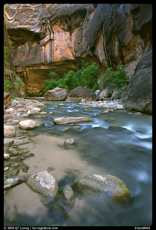 Rock alcove and Virgin River, the Narrows. Zion National Park, Utah, USA.