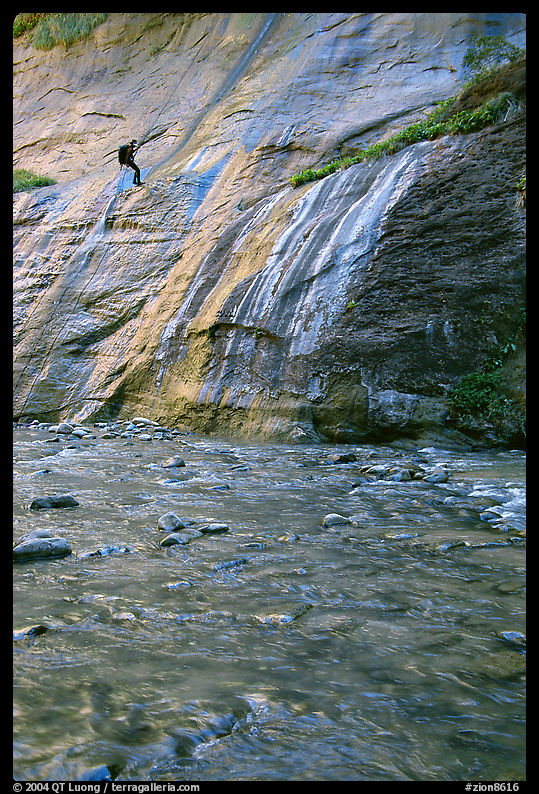 Canyoneer rappelling alongside Mystery Falls, the Narrows. Zion National Park, Utah, USA.