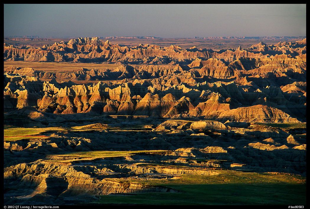 View over eroded ridges from Pinacles overlook, sunrise. Badlands National Park, South Dakota, USA.