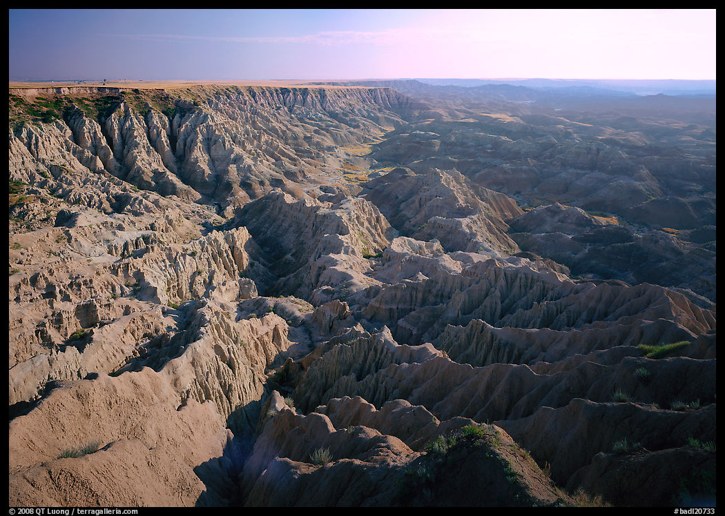 Basin of spires, pinacles, and deeply fluted gorges, southern unit, early morning. Badlands National Park, South Dakota, USA.