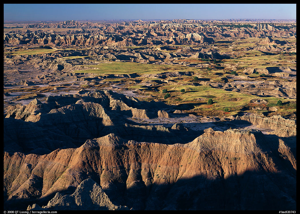 Badlands and prairie seen from above. Badlands National Park, South Dakota, USA.