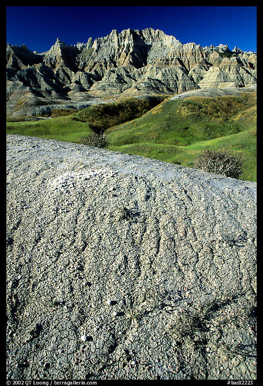 Mudstone badlands and grass prairie. Badlands National Park, South Dakota, USA.