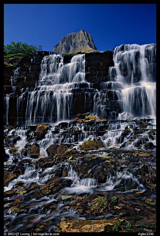 Waterfall at hanging gardens, Logan pass. Glacier National Park, Montana, USA.