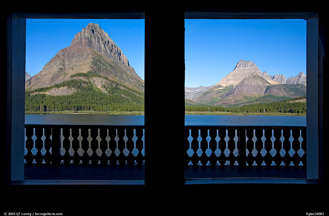 Grinnell Point and Swiftcurrent Lake framed by windows of Many Glacier Lodge. Glacier National Park, Montana, USA.