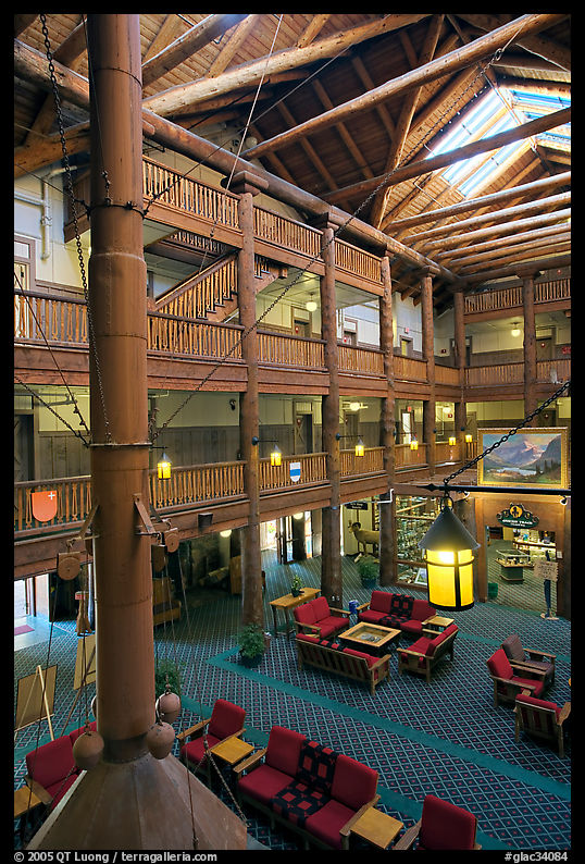 Main lobby of Many Glacier Lodge. Glacier National Park, Montana, USA.