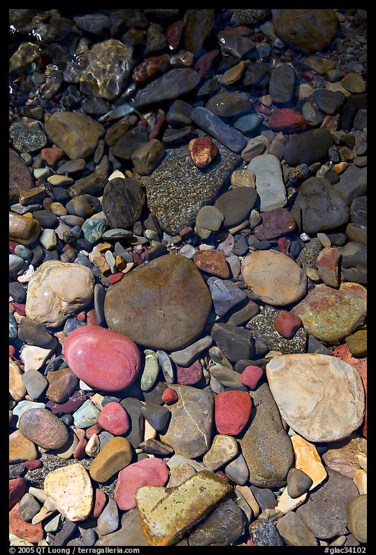 Colorful pebbles and shadow. Glacier National Park, Montana, USA.
