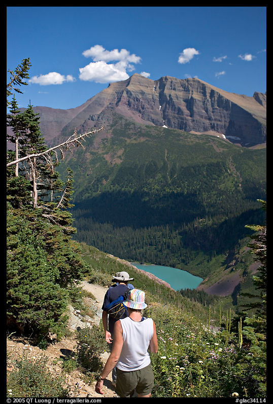 Hiking down the Grinnell Glacier trail, afternoon. Glacier National Park, Montana, USA.
