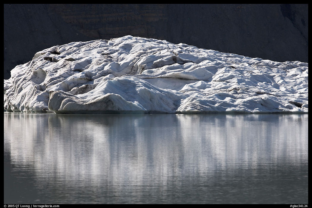 Grinnell Glacier reflected in Upper Grinnel Lake. Glacier National Park, Montana, USA.