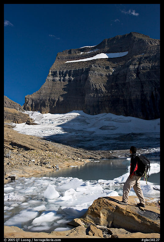 Hiker with backpack surveying Grinnell Glacier. Glacier National Park, Montana, USA.
