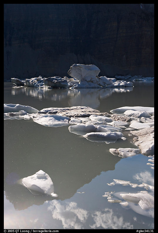 Garden wall reflexion and icebergs in Upper Grinnell Lake. Glacier National Park, Montana, USA.