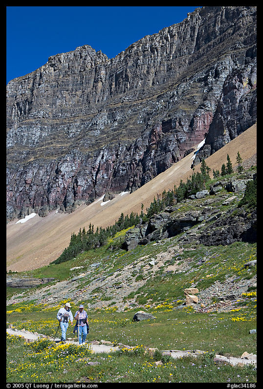 Couple hiking on trail amongst wildflowers near Hidden Lake. Glacier National Park