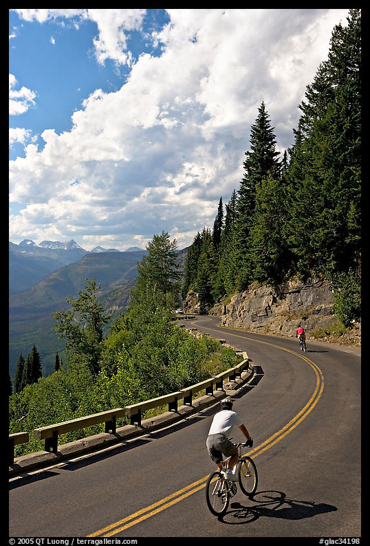 Bicyclists riding down Going-to-the-Sun road. Glacier National Park, Montana, USA.