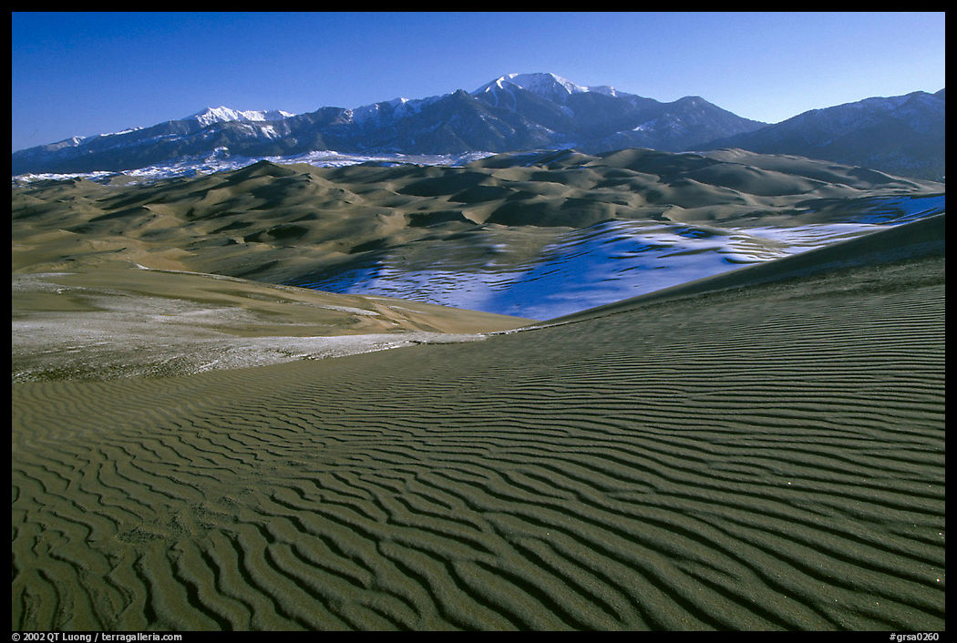 Dune field and Sangre de Christo mountains in winter. Great Sand Dunes National Park, Colorado, USA.