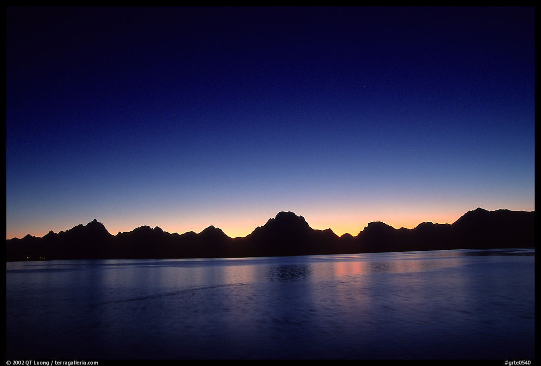 Teton range above Jackson lake, dusk. Grand Teton National Park, Wyoming, USA.