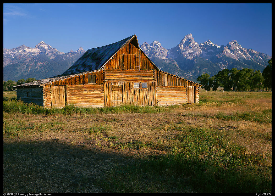 Historic Barn and Teton range, morning. Grand Teton National Park, Wyoming, USA.