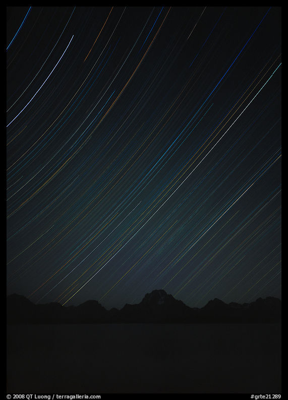 Star trails and Teton range. Grand Teton National Park, Wyoming, USA.