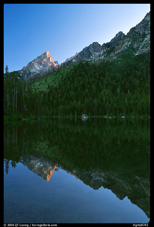 Leigh Lake with Tetons reflected, sunset. Grand Teton National Park, Wyoming, USA.