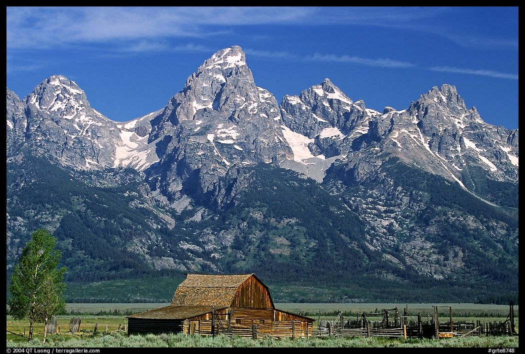 Moulton Barn and Grand Tetons, morning. Grand Teton National Park, Wyoming, USA.