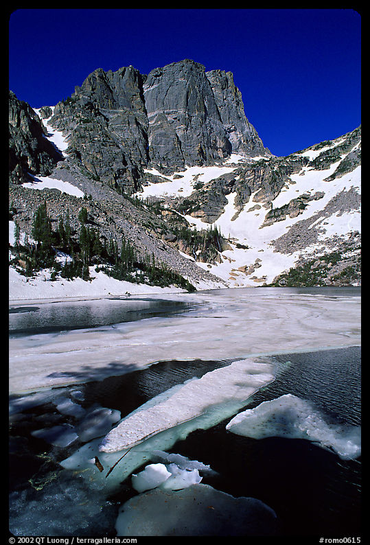 Ice break-up in Emerald Lake and Hallet Peak, early summer. Rocky Mountain National Park, Colorado, USA.
