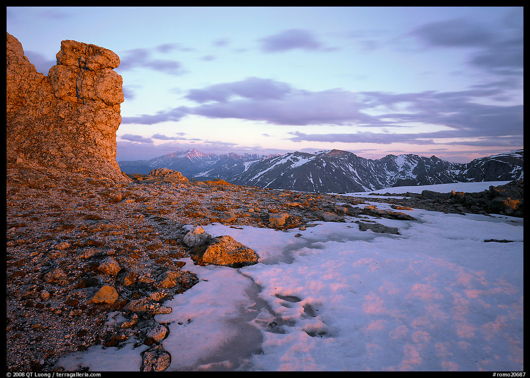 Rock tower and neve at sunset, Rock Cut. Rocky Mountain National Park, Colorado, USA.