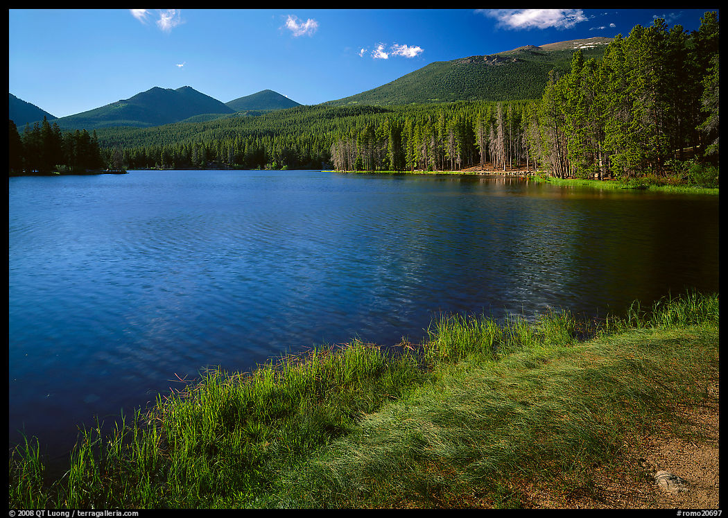 Sprague Lake, and forested peaks, morning. Rocky Mountain National Park, Colorado, USA.