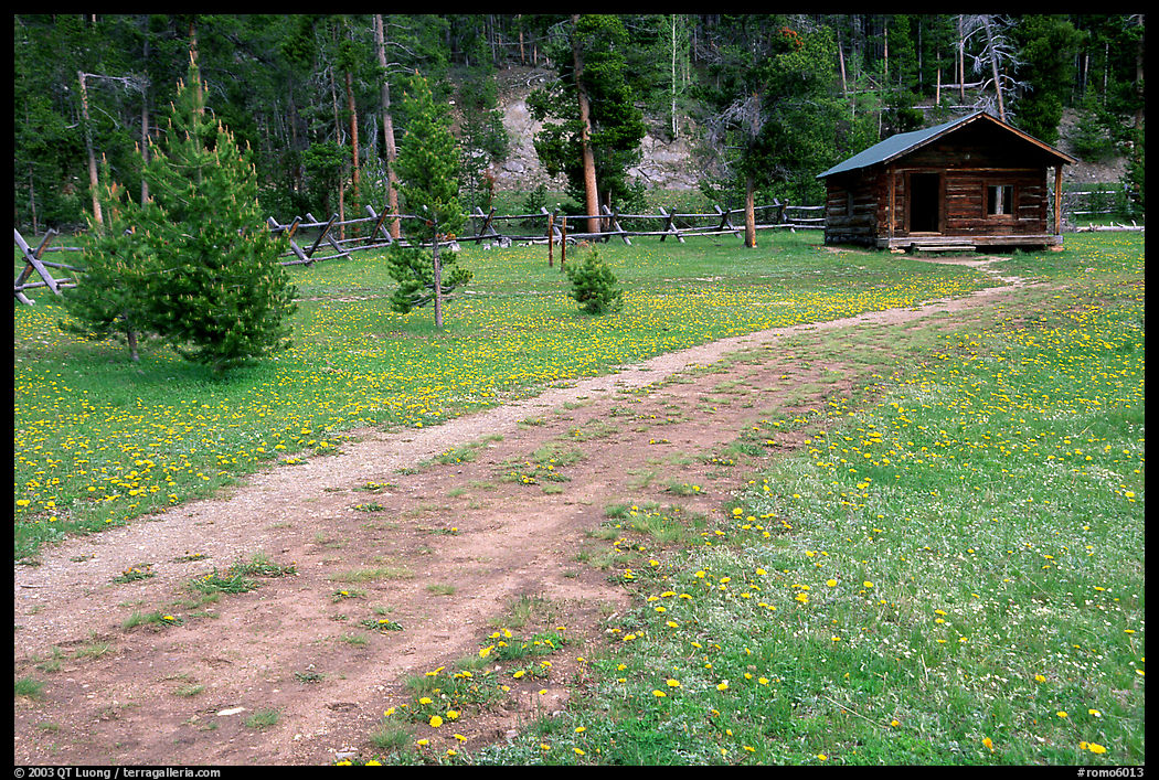 Path and historic cabin at Never Summer Ranch. Rocky Mountain National Park, Colorado, USA.