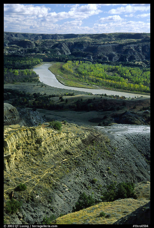 Little Missouri river and badlands at River bend. Theodore Roosevelt  National Park, North Dakota, USA.