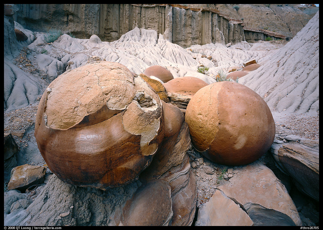 Large cannon ball concretions and badlands. Theodore Roosevelt  National Park, North Dakota, USA.