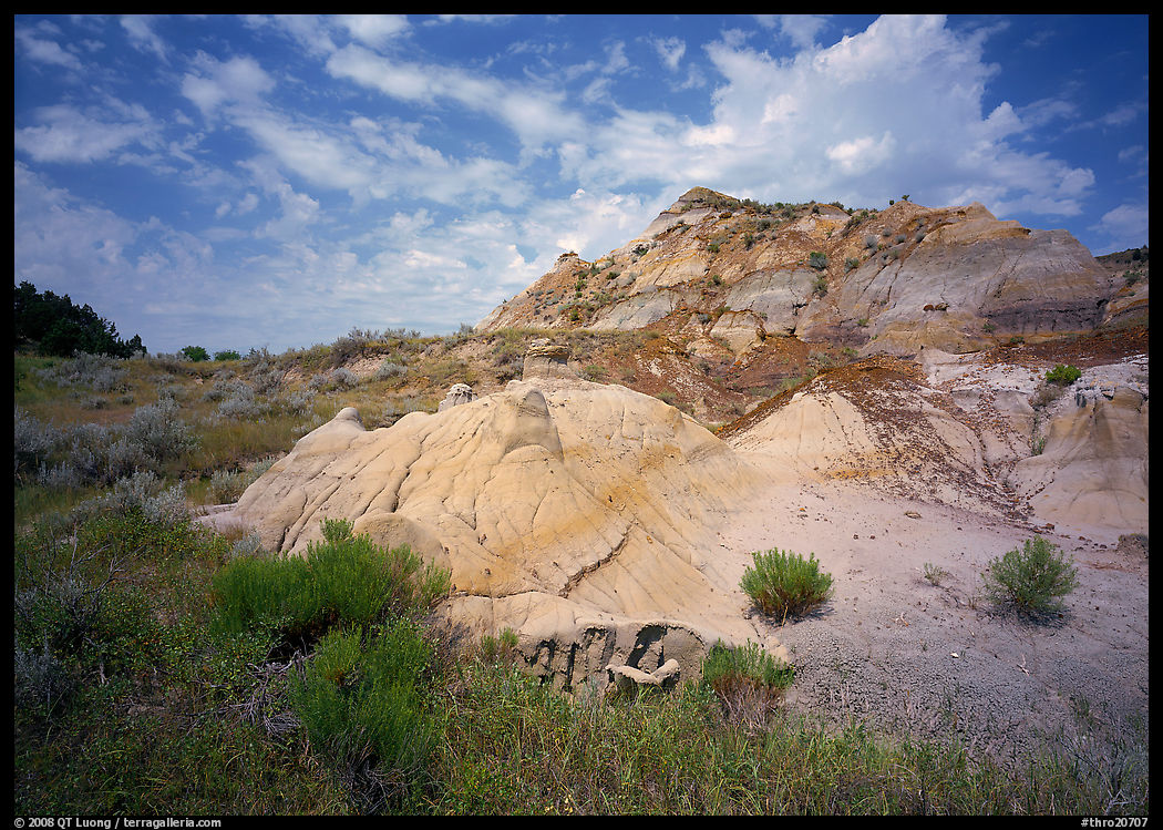 Colorful badlands and clouds, North Unit. Theodore Roosevelt  National Park, North Dakota, USA.