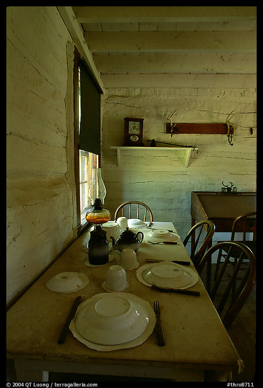 Dining table inside Roosevelt's Maltese Cross Cabin. Theodore Roosevelt  National Park, North Dakota, USA.