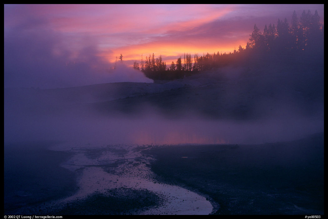 Norris geyser basin at sunrise. Yellowstone National Park, Wyoming, USA.